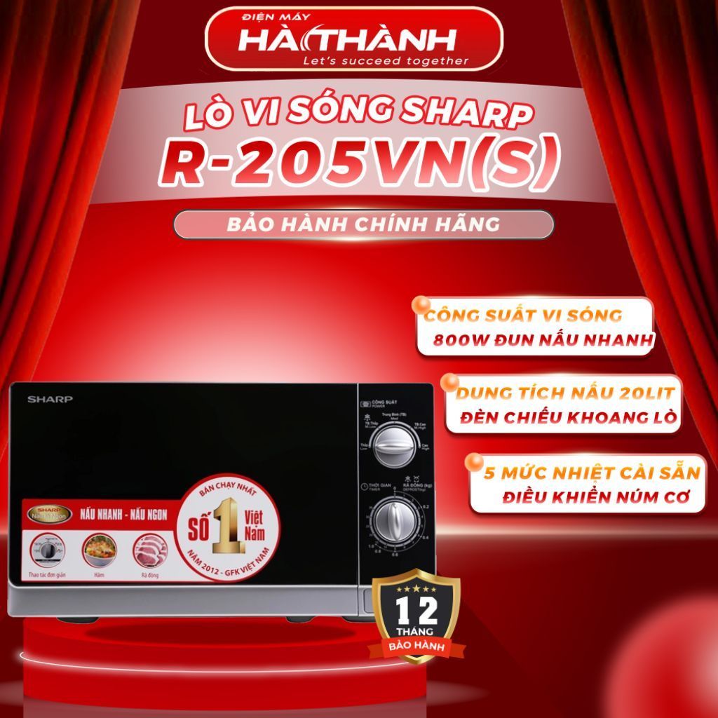 Lò Vi Sóng Sharp R-205VN(S), 20Lit – 800w, Khoang Lò Tráng men, Hàng Chính Hãng