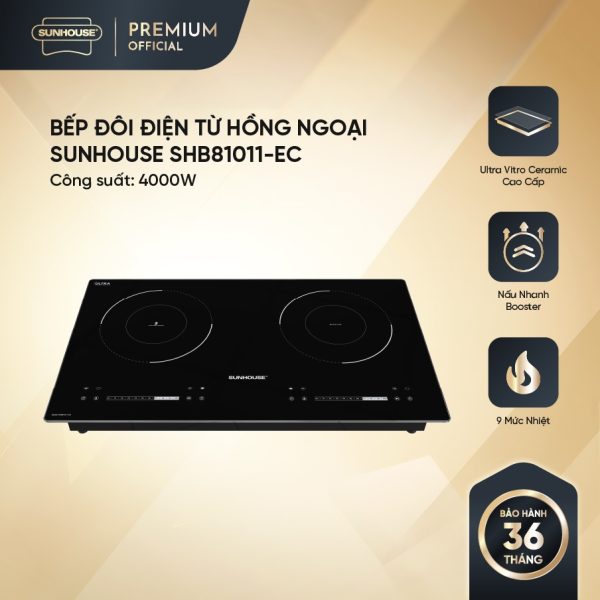 [HỖ TRỢ LẮP ĐẶT] Bếp đôi điện từ hồng ngoại Sunhouse SHB81011-EC - Booster nấu nhanh - 9 mức chỉnh - 2 vùng nấu